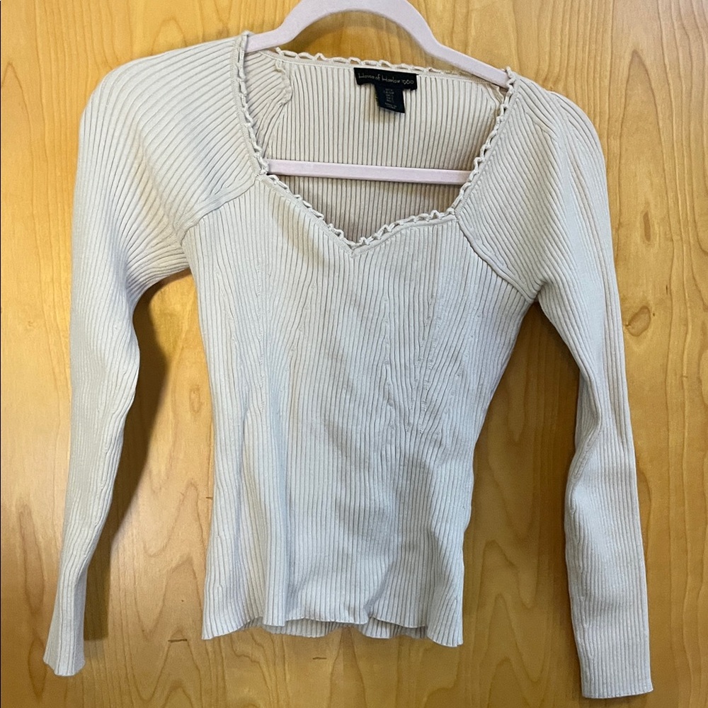 Ribbed V-Neck Long Sleeve Top - Cream